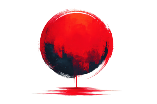 Abstract Red and Black Circular Artwork with Water Reflection on Transparent Background