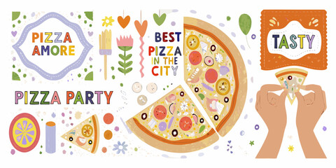 Pizza Party Illustration with Pizza Amore and Tasty Pizza