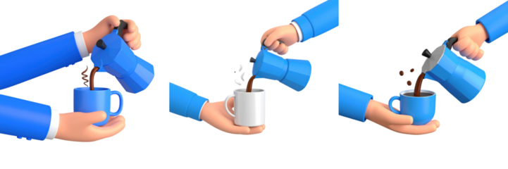 Hands In Blue Sleeves Pouring Coffee Into A Mug With Coffee Maker In Front Of Black Background
