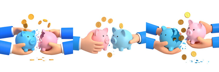 Hands Holding Piggy Banks with Falling Coins Illustrating Savings and Financial Concepts in Bright Colors