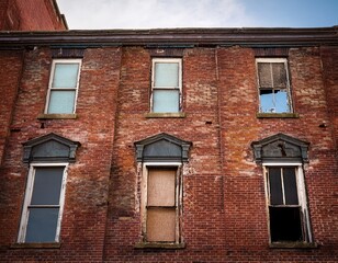 Fototapeta premium boarded up windows old brick building exterior