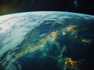 Beautiful blue and green Earth viewed from space, glowing details symbolize unity and life