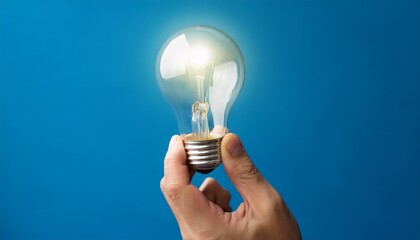 hand holding a light bulb against a blue background the hand is positioned in a way that the fingers are slightly curled around the base of the bulb