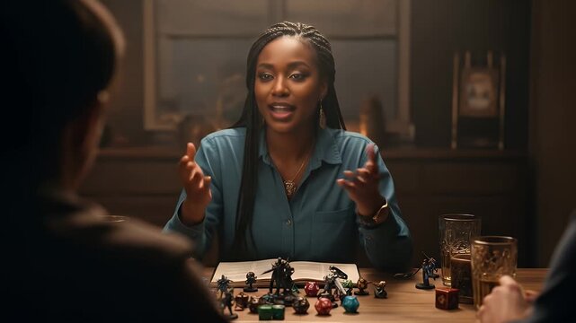 Focused Woman Leading a Tabletop Game in a Warmly Lit Room