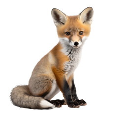 Fox Kit Sitting with Tail Curled Around Feet, Isolated on Transparent Background