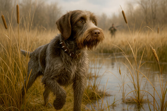  AI-generated image of a German Wirehaired Pointer standing in marshland.