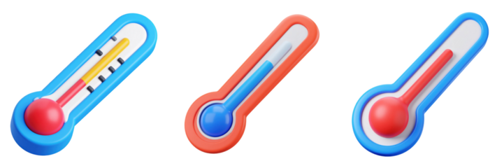 3D Plastic Style Thermometer Icons in Various Color Combinations Depicting Different Temperature Readings Including Red and Yellow Indicating Health Concerns on Transparent Background