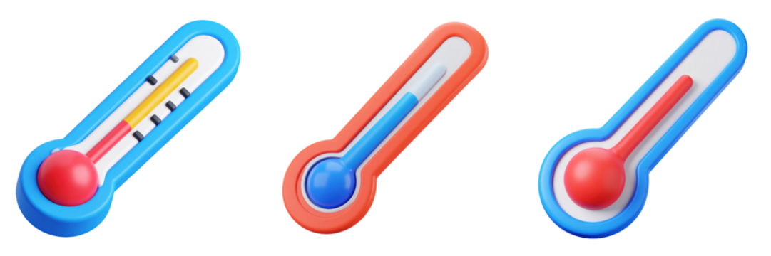 3D Plastic Style Thermometer Icons in Various Color Combinations Depicting Different Temperature Readings Including Red and Yellow Indicating Health Concerns on Transparent Background