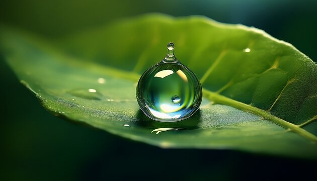 close up of a single drop of water on a green leaf the drop is in the center of the image and is reflecting the light creating a mirror like effect