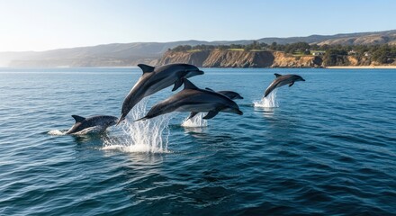 Fototapeta premium Dolphins leap in blue ocean, coastal backdrop