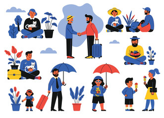 Colorful flat illustration of people traveling, eating ice cream, holding cats, plants, and luggage with cheerful everyday moments.