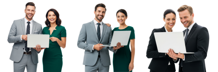 Collection of Business people working together on laptop, looking happy isolated on white or transparent background
