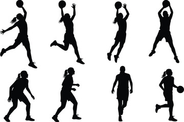 Silhouette of basketball players in action poses, athlete dunk and dribble, sports motion vector illustration, basketball game concept, active player collection design