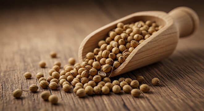 Coriander Seeds Spilling From Light Wooden Scoop on Wooden Surface