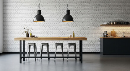 Industrial Modern Kitchen with Exposed White Brick Wall and Wooden Bar Counter