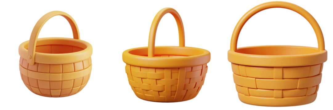 Three 3D Plastic Style Woven Orange Baskets With Handles Set Against Transparent Background