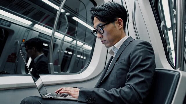 Man in formal suit types on laptop while commuting in subway train. Urban travel turns into focused business time. Professional man works with focus during daily subway commute travel task