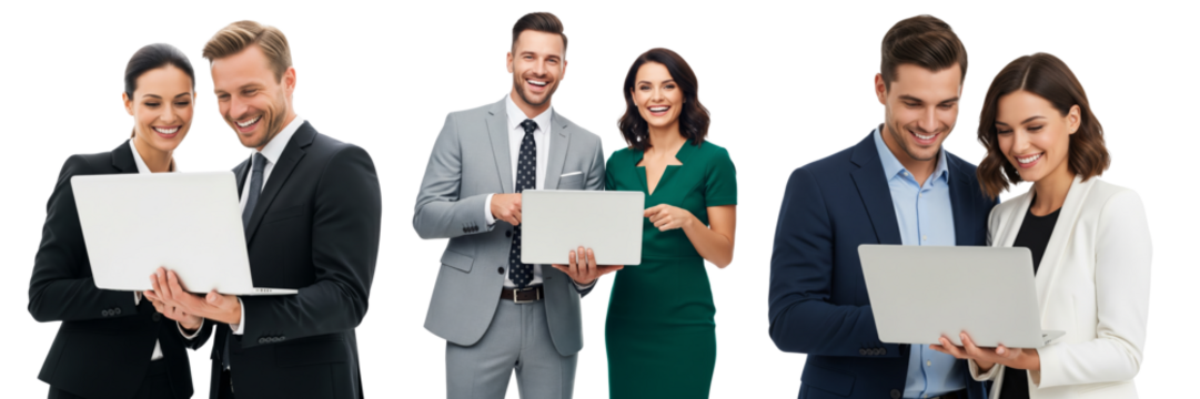 Collection of Business people working together on laptop, looking happy isolated on white or transparent background - Powered by Adobe