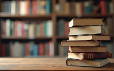 Stack of books in the library and blur bookshelf background. High quality