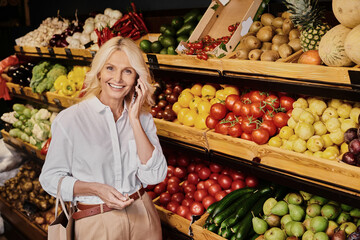 Blonde woman enjoys shopping for organic produce at a charming local grocery store