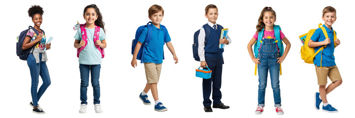 Group of little girls and boys with backpack walking back to school, isolated on white or transparent background