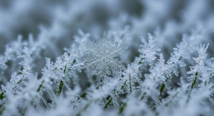 Up-close snowflake atop frosted grass blades, capturing delicate crystal details in a cool, wintery scene