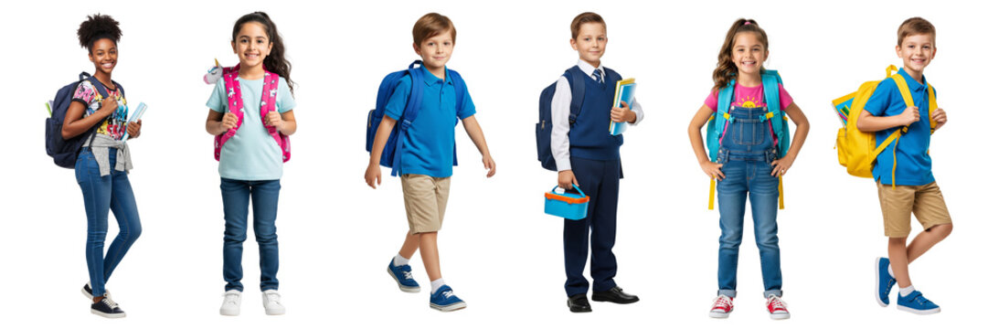 Group of little girls and boys with backpack walking back to school, isolated on white or transparent background - Powered by Adobe