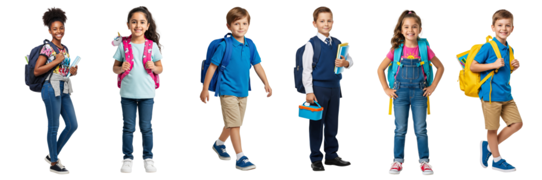 Group of little girls and boys with backpack walking back to school, isolated on white or transparent background - Powered by Adobe