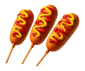 Three corn dogs with mustard and ketchup on sticks against.
