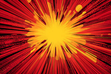 Dynamic comic book style explosion with bright yellow burst and red radiating lines perfect for action scenes and dramatic impact in your designs