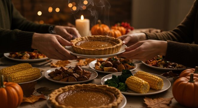 Festive holiday table laden with autumnal harvest foods, spotlighting pumpkin pie