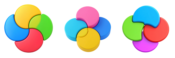 3D Plastic Style Venn Diagram Icons Displaying Colorful Overlapping Circles Against a Transparent Background