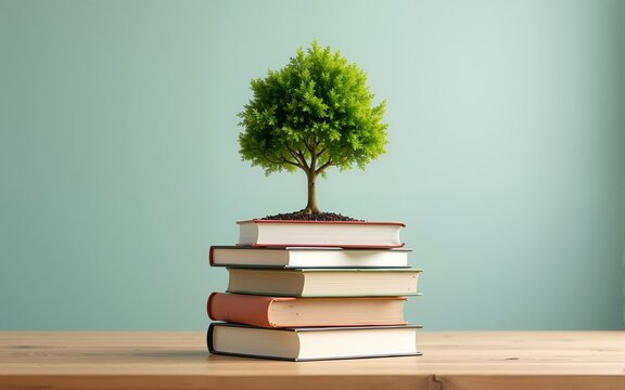 A small tree is sitting on top of a stack of books. Environmental concept. High quality