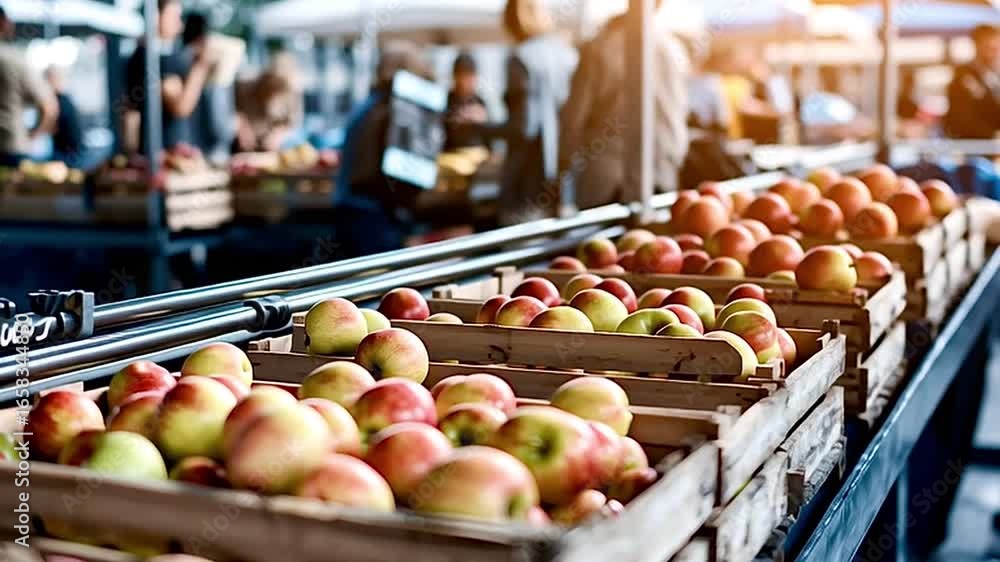 Poster wooden crates overflowing with ripe, red and yellow apples create a vibrant display at a bustling fa