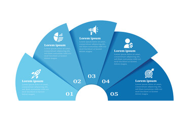 modern blue gradient semi circle business infographic template with five steps process design for data visualization, presentation, marketing strategy, finance report, brochure, and workflow planning