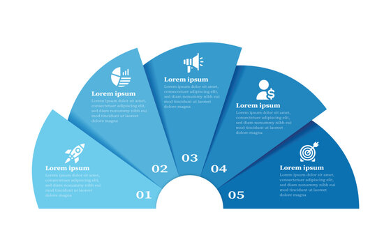 modern blue gradient semi circle business infographic template with five steps process design for data visualization, presentation, marketing strategy, finance report, brochure, and workflow planning