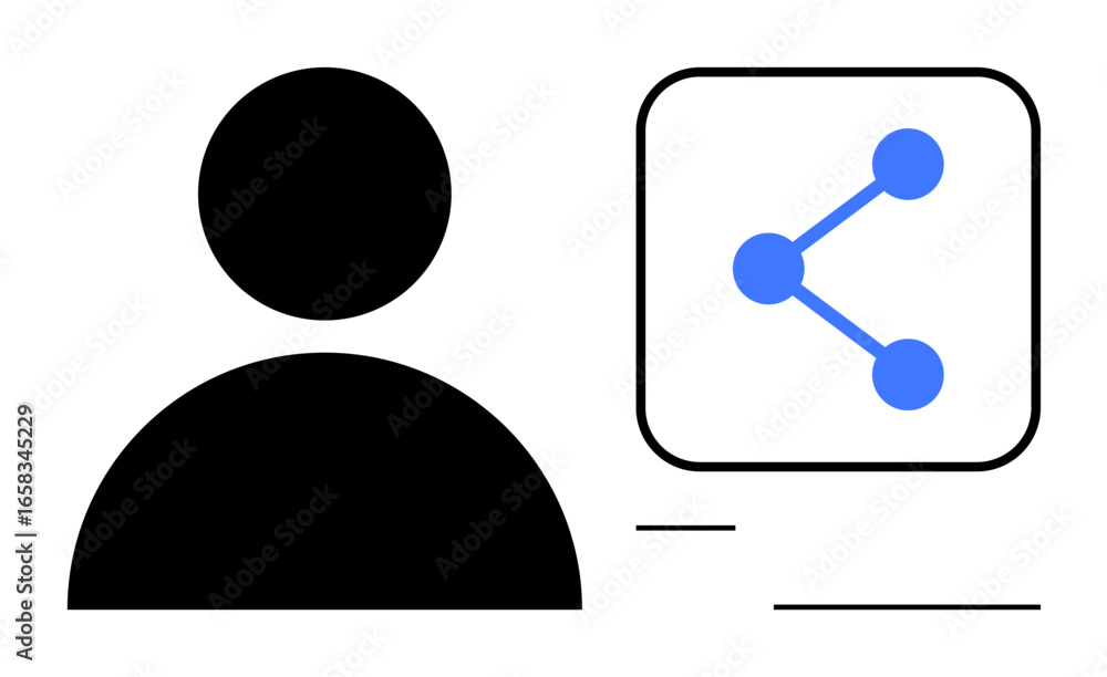 Poster black user silhouette next to a share connection icon with blue nodes and lines. ideal for user acco