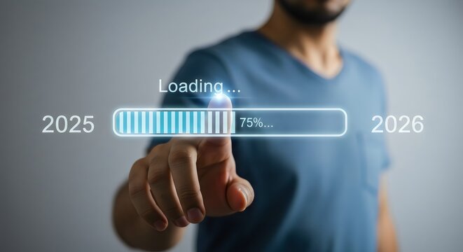 Man touching loading bar, loading progress of year 2025 to 2026. business future vision success goal progress innovation strategy development concept