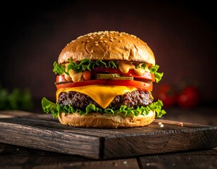 Delicious burger on a wooden board (1)