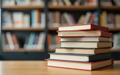 Books stacked in library with blurred bookshelf background. High quality