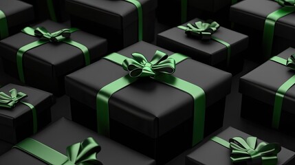 Chic black gift boxes with soft green ribbon accents, arranged elegantly. Black Friday shopping and celebration concept.