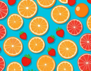 Obraz premium bright seamless pattern with oranges and strawberries on a blue background
