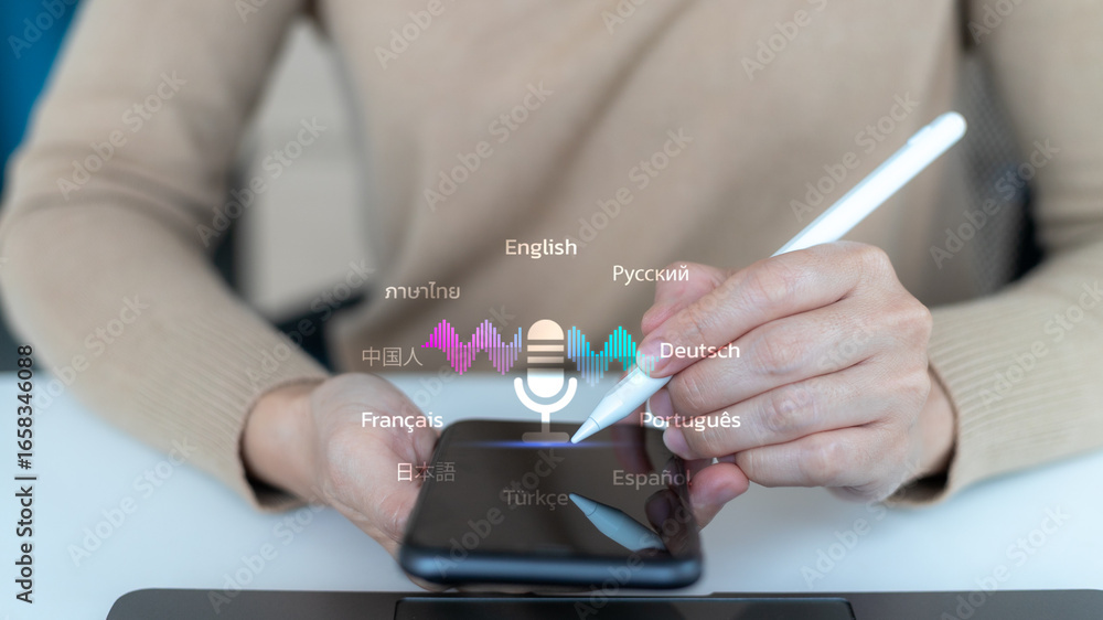 Poster close-up hand using a smartphone with a microphone icon and multiple languages. concept of ai voice 
