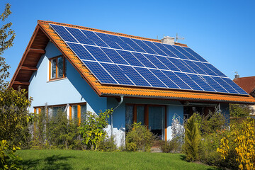 Solar panels on house roof for energy efficiency and renewable power use