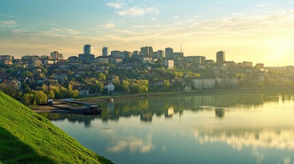 City of Belgrade as viewed from Ada Bridge in early spring, fresh greenery and clear skies framing the urban skyline