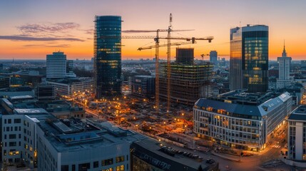 Fototapeta premium City skyline with active construction sites, cranes working at sunset, urban expansion and architecture