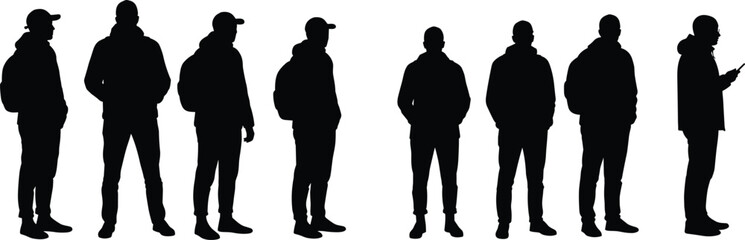 Urban silhouettes, casual people, diverse postures, hoodie wearers, backpack users, street style, mobile phone, youth, standing poses, lifestyle