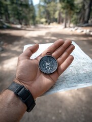 Exploring adventure: hand holding compass over topographic map in forest setting