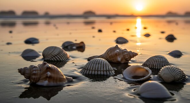 Assorted seashells on wet sand at a beach during a warm sunset with reflections on the water ocean