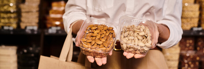 A woman selecting organic nuts in a vibrant modern grocery store